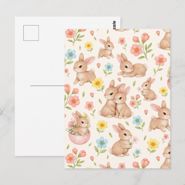 Süße Frühlingshasen & Blumengarten-Muster Postkarte (Vorne/Hinten)