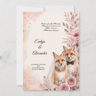 Süße Fuchs-Braut und Bräutigam Roségold Blumen   Einladung