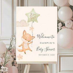 Süße Fuchs fliegt Luftballon Baby Shower Willkomme Poster