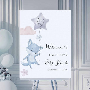 Süße Fuchs-Flugballon-Junge-Baby-Shower-Willkommen Poster