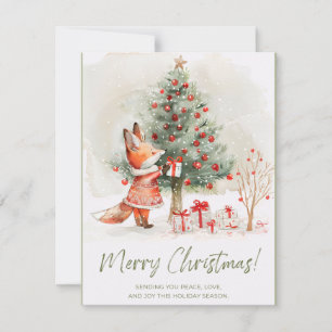 Süße Fuchsdame im roten Kleid Weihnachtskarte Feiertagskarte