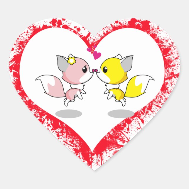 Süße Füchse küssen sich in einem Herz aus Blutspri Herz-Aufkleber (Vorderseite)