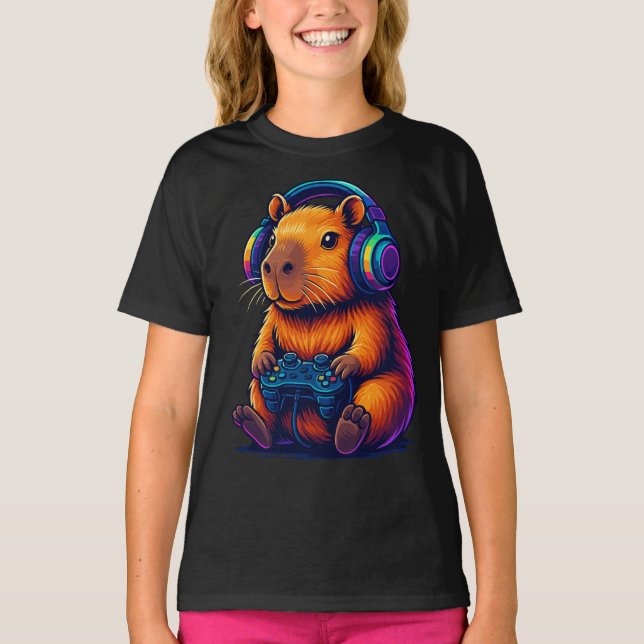 Süße Gamer-Capybara — mit Headset und Controller T-Shirt (Vorderseite)