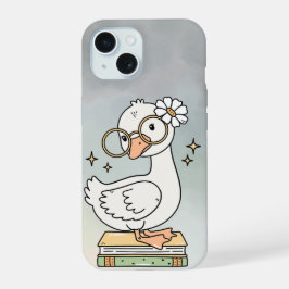 Süße Gans mit Brille beim Bücherlesen Illustration iPhone 15 Hülle