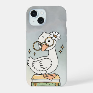 Süße Gans mit Brille beim Bücherlesen Illustration iPhone 15 Hülle