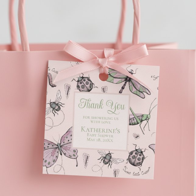Süße Garteninsekten Rosa Danke Geschenkanhänger (Cute Thank You Insect Pattern Girl Baby Shower Favor Tag for Mother to Be. Elegant Pink & Green Bugs)