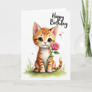 Süße Geburtstags-Gestreifte-Katze-Rose-Karte Karte