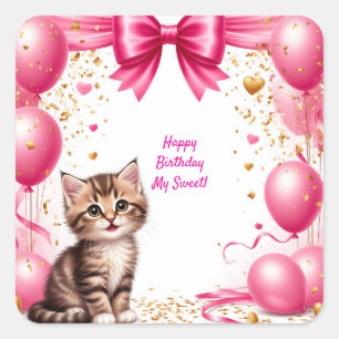 Süße Geburtstagsfeier-Balloons für Kätzchen 🐱 Quadratischer Aufkleber