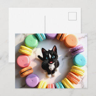 Süße Geburtstagskatze mit farbenfrohen Macarons –  Postkarte