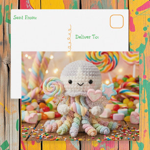 Süße gehäkeltete Oktopusse und Candy Land Postkarte