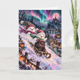 Süße Geister & Krampus Schlittenfahren Nordlichter Feiertagskarte