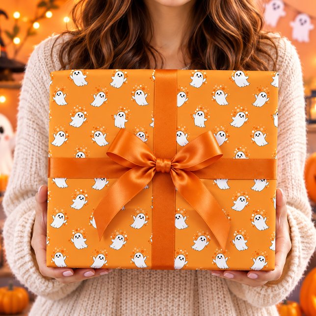 Süße Geister Orange Halloween-Muster Geschenkpapier (Von Creator hochgeladen)
