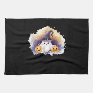 Süße Geistkatze mit Kürbissen � Kawaii Halloween K Geschirrtuch