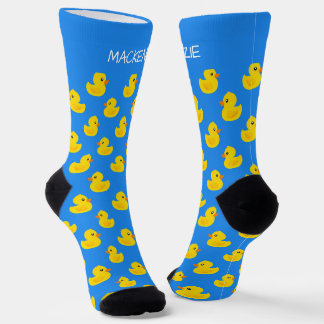 Süße gelbe Ente auf blauem Muster personalisiert Socken