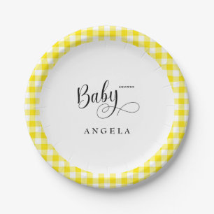 Süße gelbe Gingham-Babyparty Pappteller