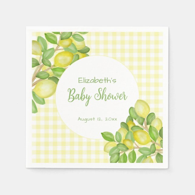 Süße gelbe Gingham-Babyshower-Serviette mit Zitron Serviette (Vorderseite)