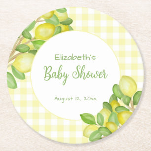 Süße gelbe Gingham-Babyshower-Unterlage mit Zitron Runder Pappuntersetzer