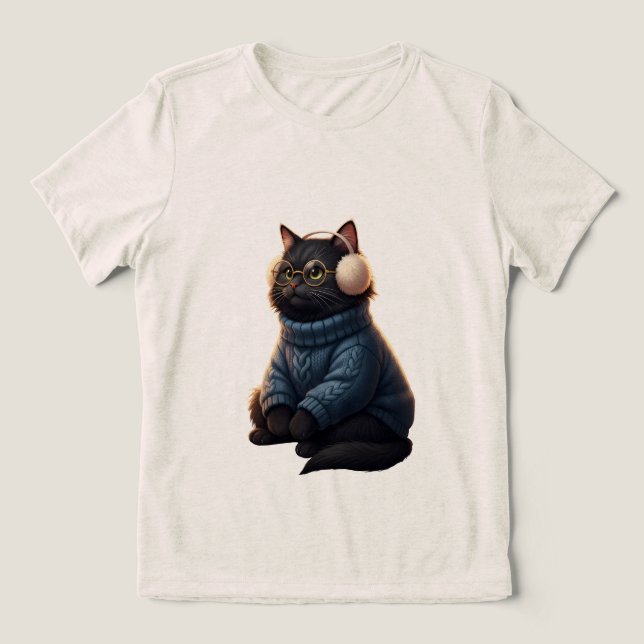 Süße gemütliche Winterkatze in blauem Pullover T-S (Design Vorderseite)