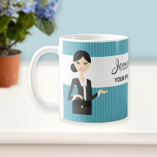 Süße Geschäftsfrau-Illustration mit schwarzen Haar Kaffeetasse