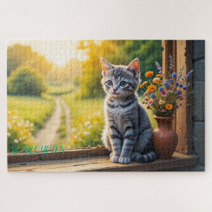 Süße getigerte Katze am Fenster mit Wildblumen Puzzle
