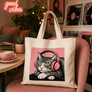 Süße getigerte Katze hört mit Kopfhörern Musik Jumbo Stoffbeutel