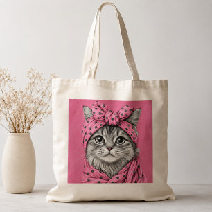 Süße getigerte Katze in retro rosafarbenem Punkte- Tragetasche