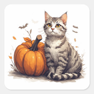 Süße getigerte Katze mit Kürbis Halloween-Spaß 🎃 Quadratischer Aufkleber