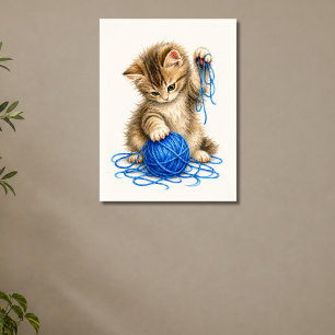 Süße getigerte Katze spielt mit blauem Garn Poster