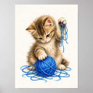 Süße getigerte Katze spielt mit blauem Garn Poster