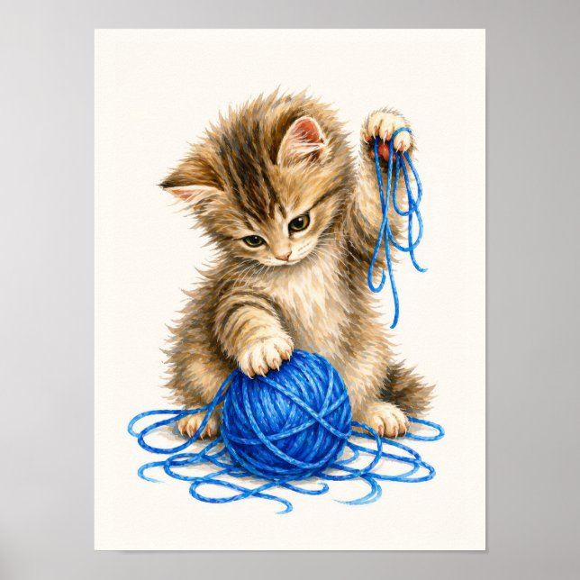 Süße getigerte Katze spielt mit blauem Garn Poster (Vorne)