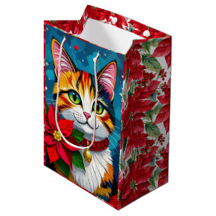 Süße getigerte Katze und Weihnachtsstern Weihnacht Mittlere Geschenktüte