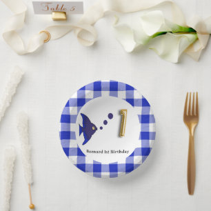 Süße Gingham, Blauer Fisch & Ballon 1. Geburtstag Pappteller