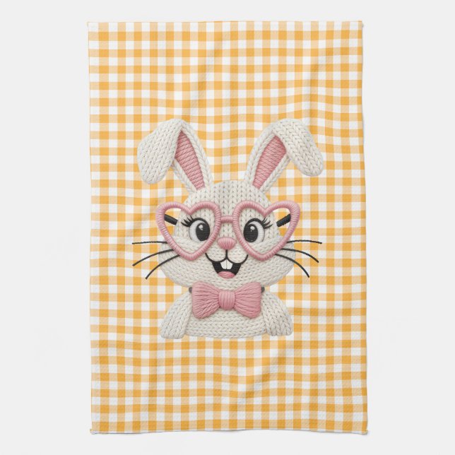 Süße Gingham-Häschen mit rosa Herzbrille  Geschirrtuch (Vertikal)