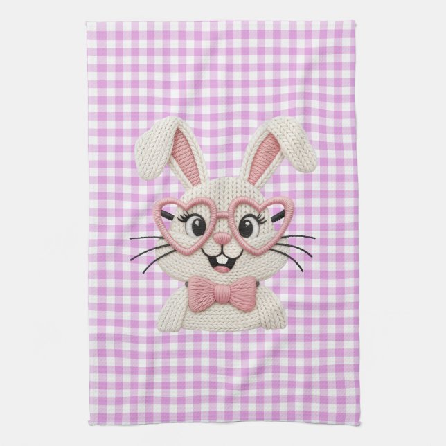 Süße Gingham-Häschen mit rosa Herzbrille  Geschirrtuch (Vertikal)