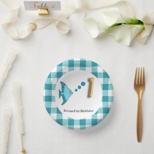 Süße Gingham Türkisblaue Fische & Ballon 1. Geburt Pappteller