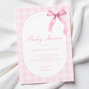 Süße Gingham-Wasserfarbe Rosa Schleife Mädchen Bab Einladung