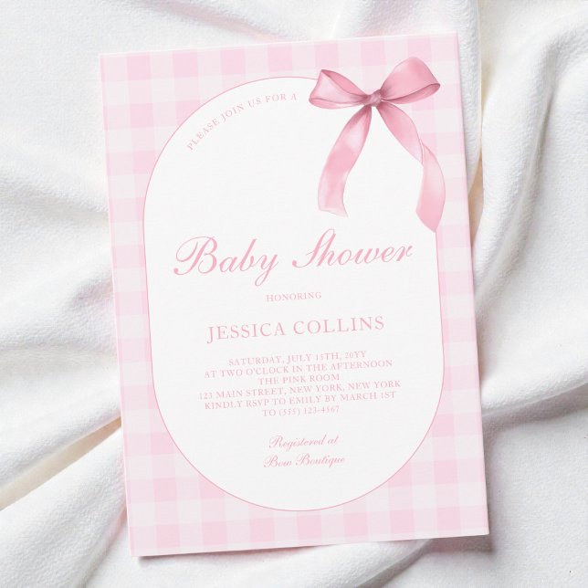 Süße Gingham-Wasserfarbe Rosa Schleife Mädchen Bab Einladung (Cute Gingham Watercolor Pink Bow Girl Baby Shower Invitation)