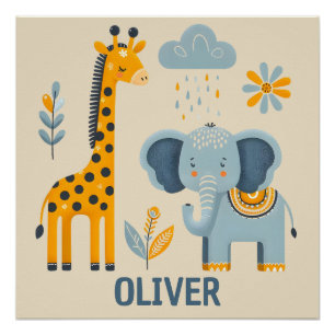 Süße Giraffe und Elefant Safari Freunde  Poster