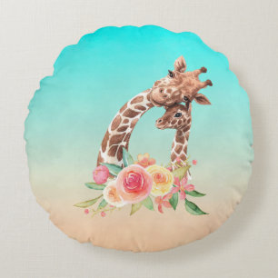 Süße Giraffen-Watercolor-Mama und Baby Rundes Kissen