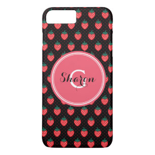 Süße, girly, schwarze, rosa Erdbeermuster-Monogram iPhone 8 Plus/7 Plus Hülle
