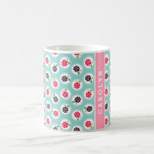Süße, girly, türkisfarbene Himbeermuster-Monogramm Tasse