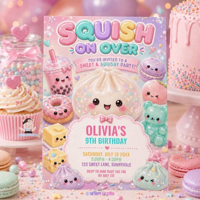 Süße Glitzernde Dumpling Bao Quetschparty Geburtst Einladung (Cute Glitter Dumpling Bao Squishy Party Birthday Invitation )