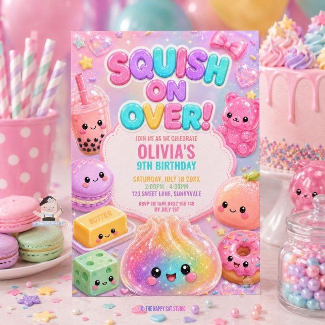 Süße Glitzernde Klöße-Quetschparty Geburtstag Einladung (Rainbow Cute Glitter Dumpling Squishy Party Birthday Invitation )