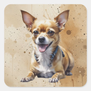 Süße glückliche Chihuahua-Hund Haustier Tier Kunst Quadratischer Aufkleber