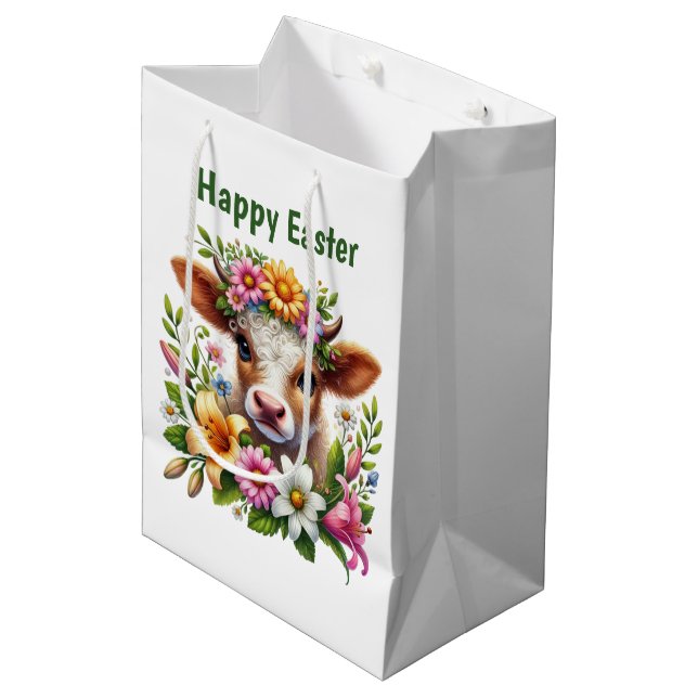 Süße glückliche Osterkuh anpassbar Mittlere Geschenktüte (Vorderseite Schrägansicht)
