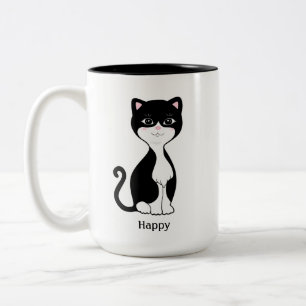 Süße glückliche Tuxedo-Katze Zweifarbige Tasse