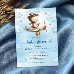 Süße goldene Flugzeug-Bär-Themen-Junge-Baby-Party  Einladung