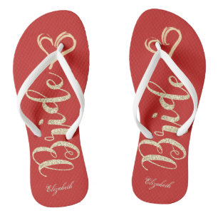 Süße goldene Glitterbraut, Herz, Rot - Personalisi Flip Flops