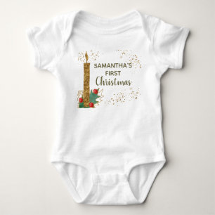 Süße goldene Glitterkerze Blätter Erstes Weihnacht Baby Strampler