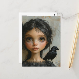 Süße Gothic-Girl mit einem schwarzen Vogel auf der Postkarte